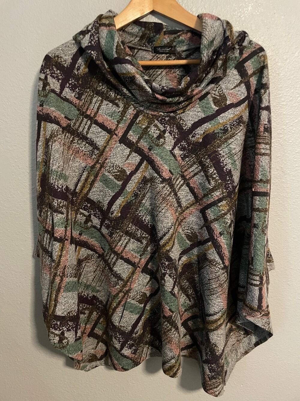 Inoah Poncho Tunic Womens Large Gray Abstract Geometric Knit Cowl Artsy Boho